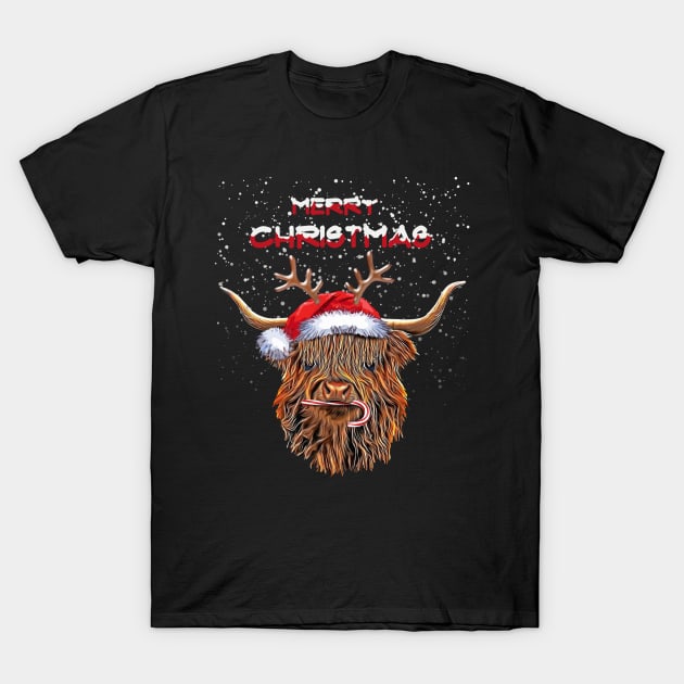 Highland cow and Merry Christmas, Christmas with cute Highland Cow T-Shirt by Collagedream